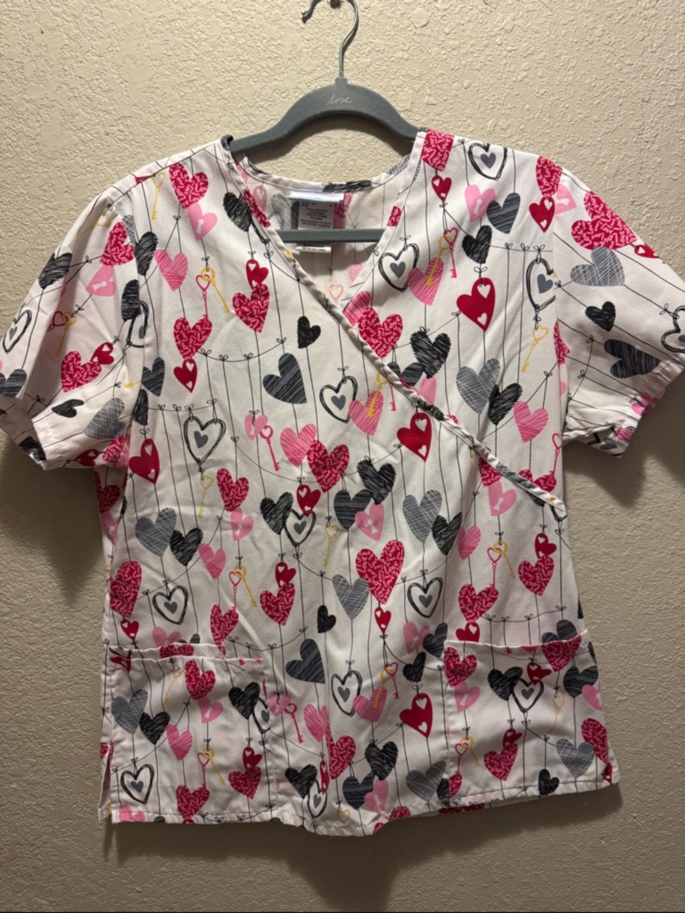 SB Scrubs Heart-Print Short Sleeve Scrub Top - Pink, Gray, Black
